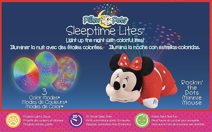 Pillow Pets Disney Minnie Mouse, 11" Sleeptime Lite | Plush Pillow and Night Light in One, Projects Rainbow Stars, 3 Light Modes, 20-Minute Auto-Off Timer, BPA Free