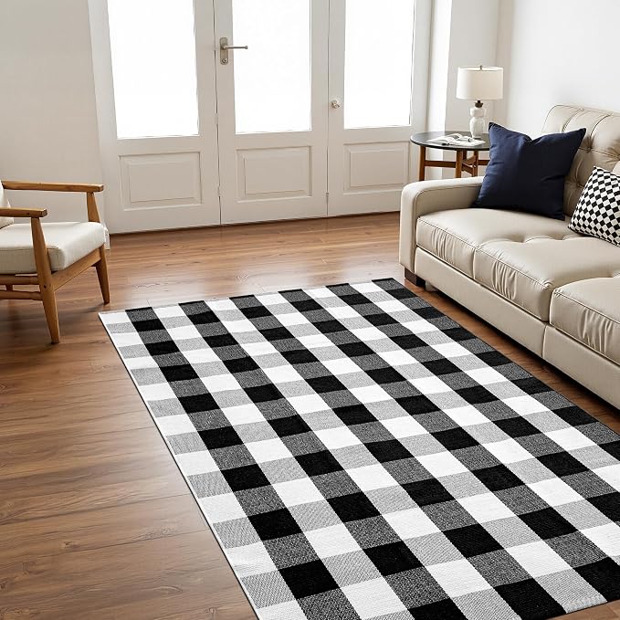 joybest Buffalo Plaid Rug 4 x 6 ft Black and White Checkered Area Rug Cotton Hand-Woven Indoor Outdoor Rugs Carpet for Patio, Living Room, Dining Room, Bedroom