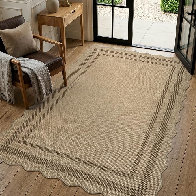 LIVEBOX Scalloped Easy Jute 4x6 Outdoor Rug, Washable Non Slip Geometric Area Rugs for Living Room Bedroom, Indoor Outdoor Farmhouse Rug Modern Carpet Door Mat Tan Rugs for Patio Dining Room Entryway