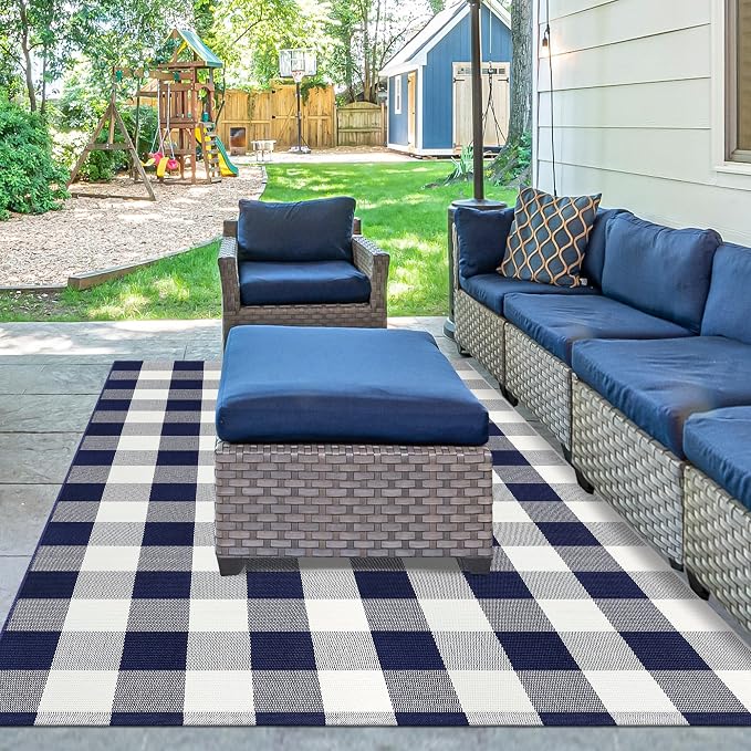 Buffalo Plaid Outdoor Patio Rug 4x6 Feet Buffalo Check Rug Cotton Woven Navy and White Checkered Outdoor Indoor Rug Washable Carpet for Living Room Dining Room Bedroom Farmhouse