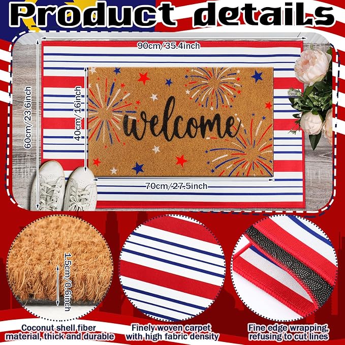 Moucuny 2 Pcs 4th of July Coir Door Mat Outdoor, Patriotic Non-Slip Decor