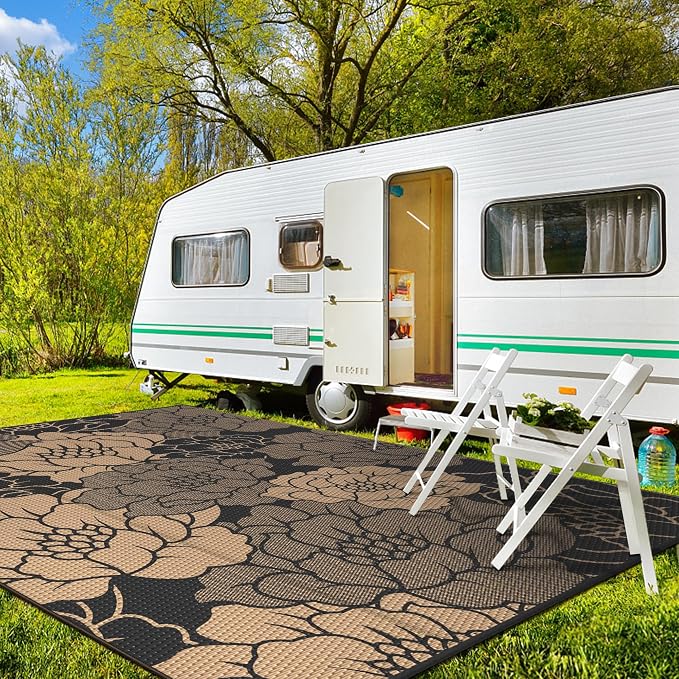 GENIMO Outdoor Rug, Waterproof Plastic Rugs for Patio, 8'x10' Raven Brown | Outside Larger Leaf Carpet Mat for Porch Decor, Deck, Balcony, Camping, RV, Backyard, Picnic, Beach, Reversible, Foldable