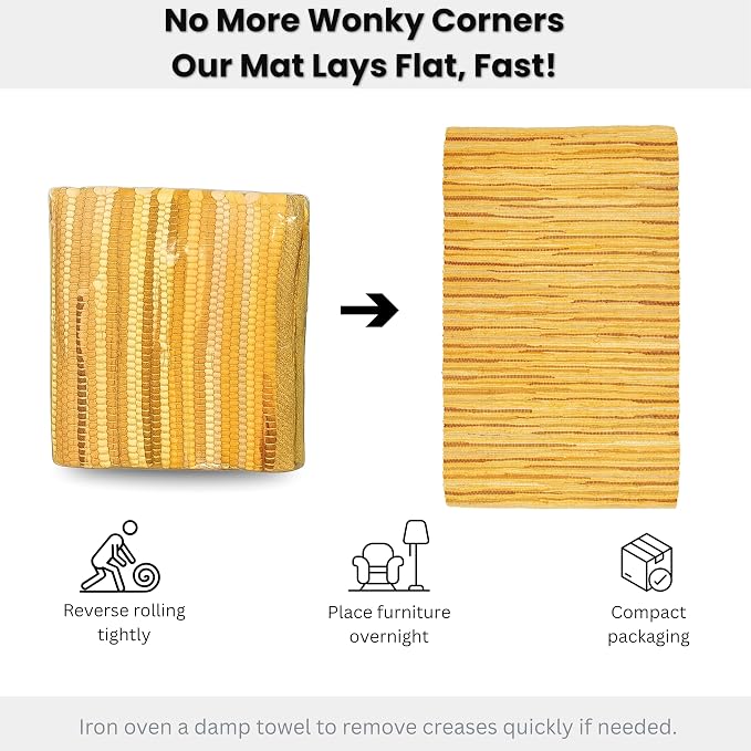 Ramanta Home 100% Cotton Hand Woven Tonal Chindi Rag Rug 3'x5' - Mustard, Recycled Reversible Rugs, Boho Rustic Farmhouse Rugs for Living Room, Dinning Room, Kitchen Floor Mats - 36"x60"