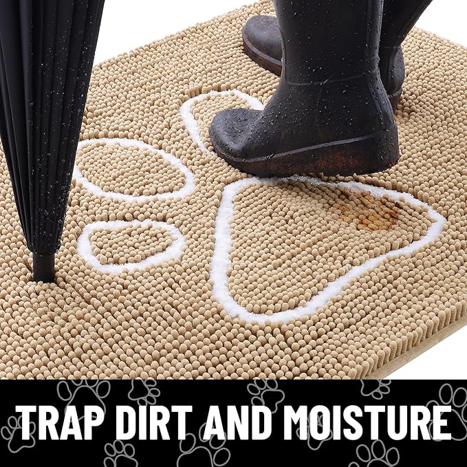 Smiry Dog Door Mat for Muddy Paws, Absorbent Dirt Trapper Non Slip Quick Dry Washable Chenille Mat for Mud Dogs, Entry Rug for Indoor and Outdoor (70x35 Inches, Beige and White)