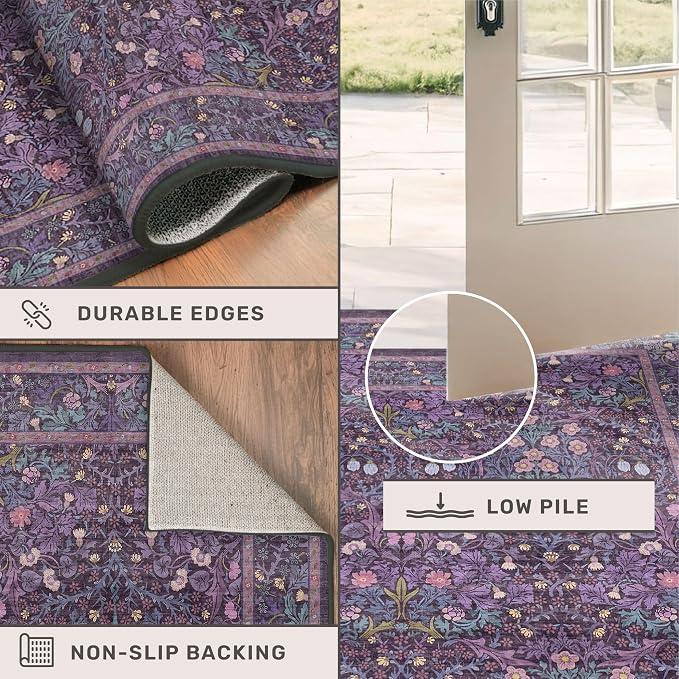 Vintage Violet Floral 4x6 Large Entryway Area Rug - Boho Purple Washable Living Room Rug, Low Pile Non-Slip Rugs for Dining Room Under Kitchen Table, Traditional Oriental Plum Decor & Stain Resistance
