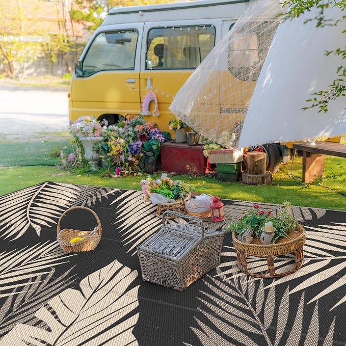 GENIMO Outdoor Rug, Waterproof Plastic Rugs 10'x14' for Camping Black Beige | Outside Larger Leaf Carpet Mat for Porch Decor, Deck, Camping, RV, Backyard, Balcony, Picnic, Beach, Reversible, Foldable