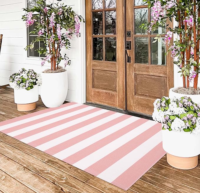 3'x5' Outdoor Rug, Washable Pink and White Striped Porch Rug Cotton Woven Farmhouse Front Door Mats for Porch/Entryway/Home Entrance Decor/Bedroom/Laundry Room/Patio/Front Door