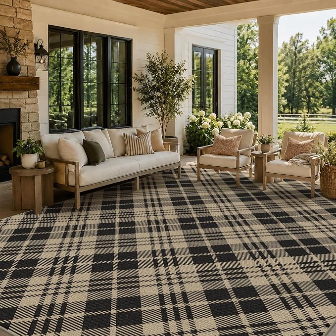 JTJ Vintage Checkered Easy Jute Rugs for Large Living Room 8x10 - Diamond Patterned Woven Rug for Bedroom, Indoor Area, Dining Room, Washable Foldable Low Pile Black and White Classic Decor