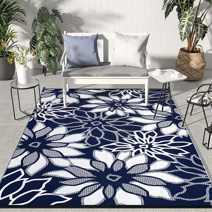 GENIMO Outdoor Rug, Waterproof Plastic Rugs for Patio, 6'x9' Sapphire White | Outside Larger Leaf Carpet Mat for Porch Decor, Deck, Balcony, Camping, RV, Backyard, Picnic, Beach, Reversible, Foldable