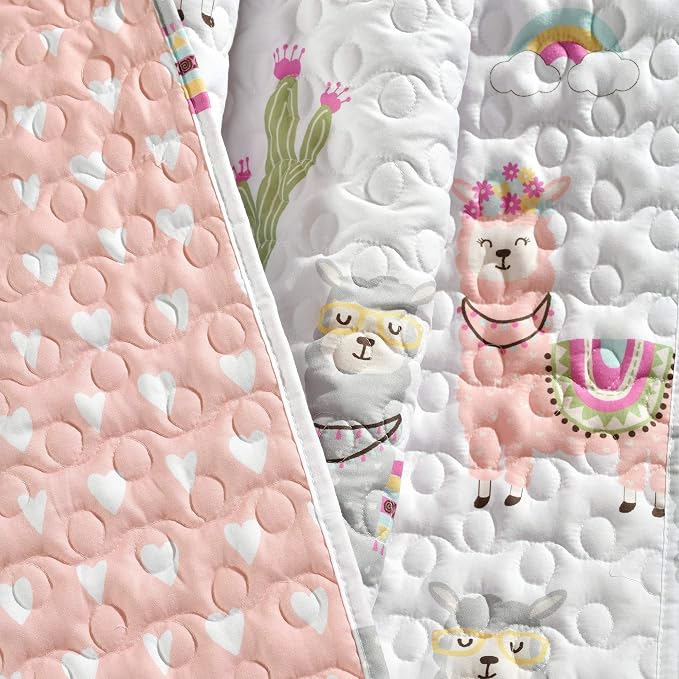 Lush Decor Southwest Llama Cactus Throw Blanket, 50" W x 60" L, White & Blush - Toddler Blanket - Cute Reversible Boho Quilted Throw for Kids Room