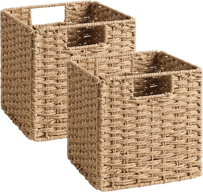 StorageWorks 9 inch Wicker Baskets for Storage,Square Baskets,Natural | 2-Pack,Paper Rope Wicker Storage Cubes,Handwoven Square Cube Organizer Bins,Foldable,Baskets for Organizing,9x9 storage cube