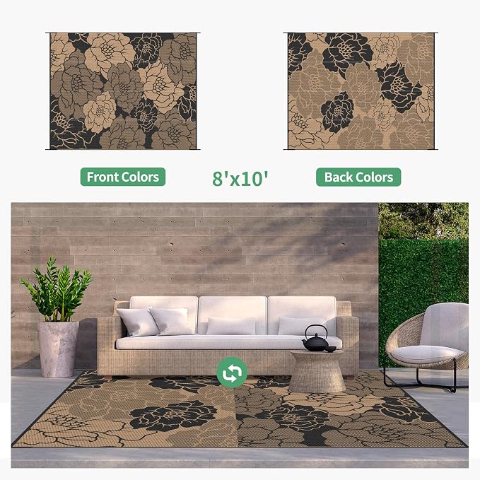 GENIMO Outdoor Rug, Waterproof Plastic Rugs for Patio, 8'x10' Raven Brown | Outside Larger Leaf Carpet Mat for Porch Decor, Deck, Balcony, Camping, RV, Backyard, Picnic, Beach, Reversible, Foldable
