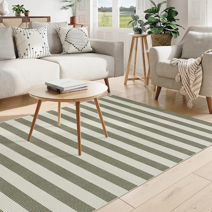 OJIA Outdoor Patio Rug 5'x7' Striped Washable Camping Rug Outdoor Carpet | Large Area Rugs Green Cotton Woven Thin Indoor Outdoor Rugs for Bedroom/Living Room/Front Porch Decor/Deck/Backyard/Camping