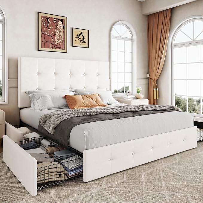 Allewie Upholstered Full Size Platform Bed Frame with 4 Storage Drawers and Adjustable Headboard, Square Button Tufted, Wooden Slats Support, Noise-Free, No Box Spring Needed, Easy Assembly, White