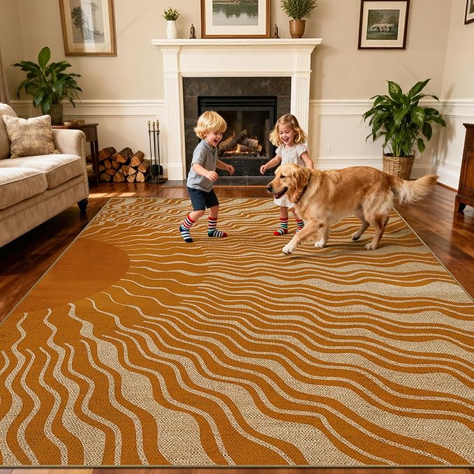 Washable Sun Easy Jute Rug, 8x10 Modern Boho Retro Outdoor Indoor Patio Farmhouse Large Area Rugs, Woven Ultra Thin Non Slip Carpet Mat for Living Dining Room Bedroom Classroom Kids Nursery Play Room
