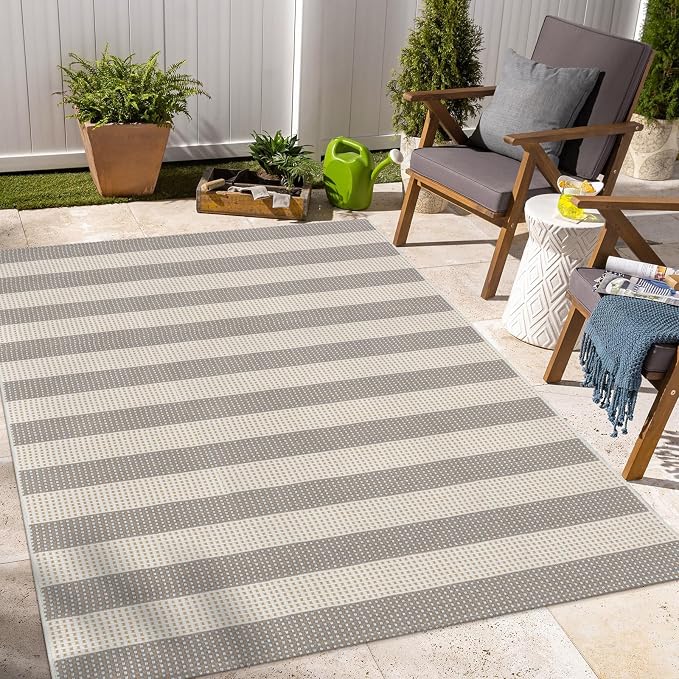 OJIA Outdoor Area Rugs 4'x6' Striped Patio Rug Washable Woven Camping Rug | Cotton Indoor Outdoor Rug Living Room Rug Checkered Rug Floor Carpet for Living Room/Dining Room/Deck/Backyard Gray/White