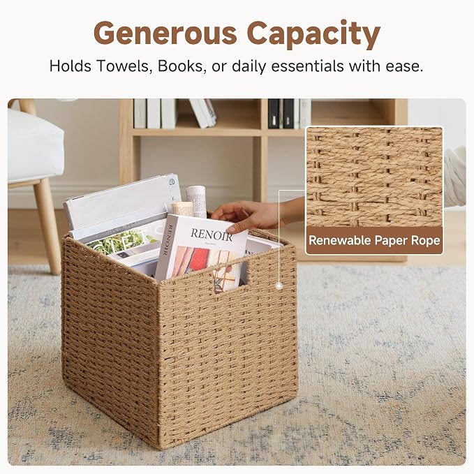 StorageWorks 13 inch Wicker Storage Baskets,Foldable Wicker Baskets,Natural | 2-Pack,Handwoven Organizer Baskets, Wicker Baskets for Organizing,Paper Rope Square Storage Cubes,Square Baskets,Woven Basket