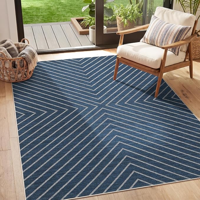 Garvee Easy Jute 4x6 Rug for Patio, Washable Non-Slip Striped Navy Indoor Outdoor Carpet,Boho Farmhouse Area Rug Low Pile Non Shedding Throw Mat for Front Porch Kitchen Bedroom Foyer 4'x6'