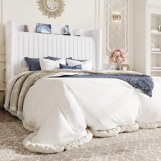 SHA CERLIN Queen Size Velvet Bed Frame with Shelf, Charging Station, White | Wingback Storage Headboard, Upholstered Platform Bed, Wooden Slats Support, No Box Spring Needed, Easy Assembly, Noise Free