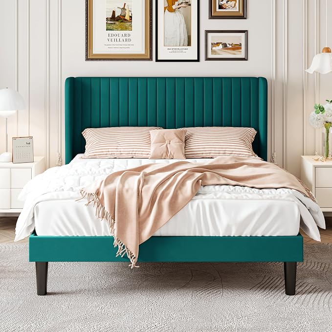 SHA CERLIN Queen Size Velvet Bed Frame, Tufted Wingback Headboard, Teal | 47'' Modern Vertical Channel Headboard, Upholstered Platform Bed, Wood Slats, No Box Spring Needed, Easy Assembly, Noise Free