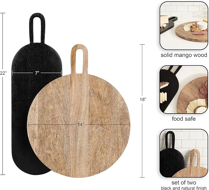 Kate and Laurel Staven Transitional Two-Piece Serving Boards Set; 7 x 22 and 14 x 18; Natural Brown and Black; Modern Food-Safe Charcuterie Boards with Solid Mango Construction
