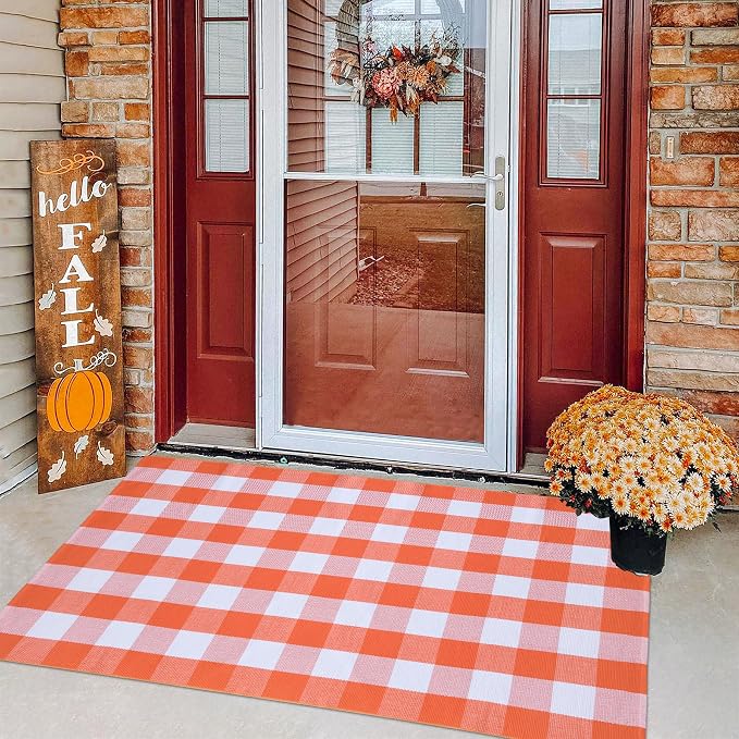 Fall Plaid Area Rug 4x6 Ft, Orange and White Buffalo Check Large Farmhouse Cotton Rug, Hand-Woven Washable Indoor Outdoor Carpet for Halloween Thanksgiving Autumn Porch Patio Decor
