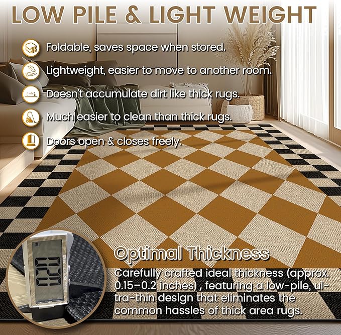 Washable Checkered Easy Jute Runner Rug 2x6, Brown Black Checkerboard Boho Geometric Outdoor Indoor Patio Rug, Woven Non Slip Thin Neutral Long Runner Carpet for Hallway Kitchen Entryway Porch