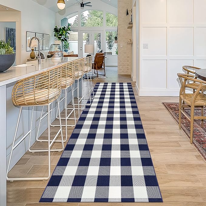 Buffalo Plaid Runner Rug 3x10 Feet Navy and White Checkered Runner Rug Cotton Woven Farmhouse Floor Mat Washable Rugs for Hallway Kitchen Laundry Bedroom Living Room
