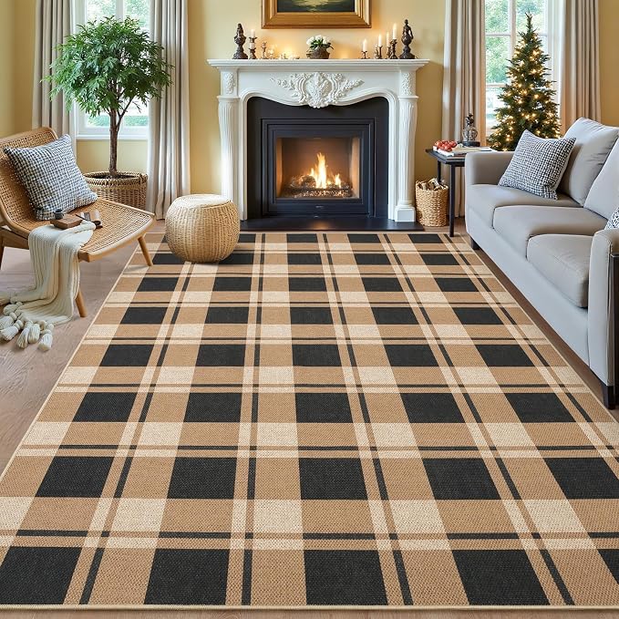 AROGAN Checkered Jute 6x9 Area Rugs, Washable Outdoor Patio Rug for Living Room Entrance Indoor Outdoor Carpet, Farmhouse Design Neutral Geometric Rugs for Front Porch Mat Dining Room