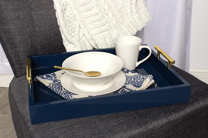 Kate and Laurel Lipton Decorative Tray with Polished Metal Handles, Navy Blue and Gold