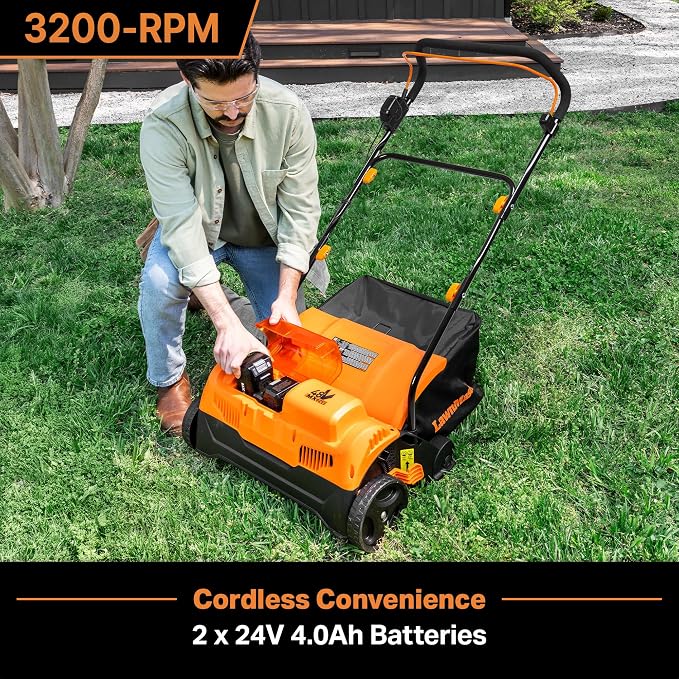 LawnMaster 48V MAX Brushless 16” 2-in-1 Cordless Dethatcher and Scarifier with Removable Thatch Collection Bag Quick-Fold – CLGVB4816
