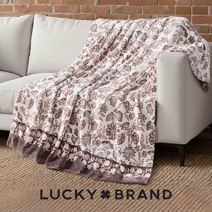 Lucky Brand 50" x 70" Plush Throw Blanket, Floral Cocoa Brown Blanket for Sofa or Bed