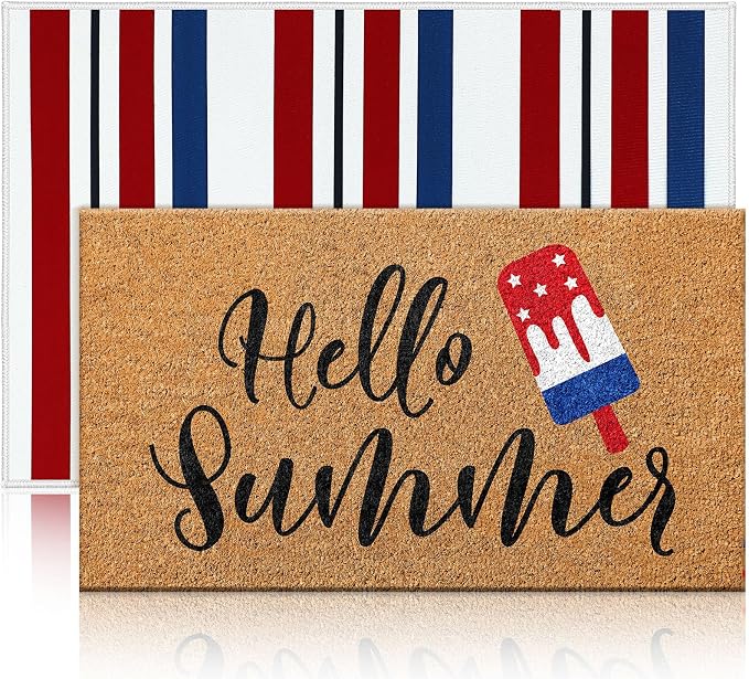 Moucuny 2 Pcs Patriotic Door Mat Hello Summer 4th of July Coir Door Mat Outdoor 250 Anniversary Red White Blue Stripe Welcome Rug Non-Slip Independence Day Doormat Outside Porch Front Decor