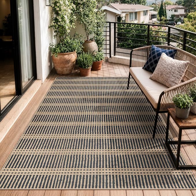 LIVEBOX Striped Easy Jute 5x7 Outdoor Rug, Black Washable Rugs for Patio Living Room, Indoor Outdoor Non Slip Area Rug for Bedroom, Farmhouse Neutral Carpet Floor Mat for Dining Room Backyard Deck
