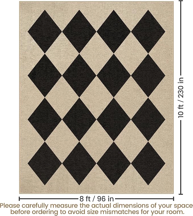 Washable Checkered Easy Jute Rug 8x10, Black Checkerboard Geometric Modern Outdoor Indoor Patio Large Rugs, Woven Thin Carpet Mat for Living Room Bedroom Classroom Nursery Play Room Backyard