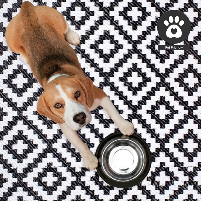 FH Home Outdoor Camping Rug - Waterproof, Fade Resistant, Reversible - Premium Recycled Plastic - Geometric - Picnic, Patio, Deck, Sunroom, RV - Aztec - Black & White - 4 x 6 ft Foldable
