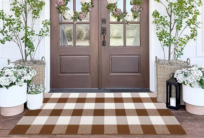 Buffalo Plaid Outdoor Rug 2'x4.3',Fall Coffee Front Porch Rug Door Mats Outdoor Farmhouse Cotton Washable for Hello Welcome Rug Layered Doormat Outdoor Entryway