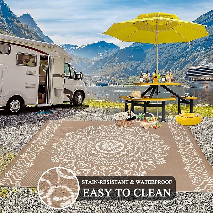 Pauwer Outdoor Rug 8x10, Waterproof Plastic Straw Camping Rug, Floral Brown | Reversible Patio Rug, UV Resistant Indoor Outdoor RV Mat Carpet For Deck, Camper, Porch, Balcony, Backyard, Picnic, Foldable