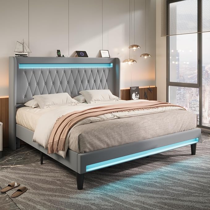 Allewie King Size Upholstered Bed Frame with LED & Charging Station, Gray | Customizable LED lights, charging station, tufted wingback headboard, noise-reducing support, and no box spring needed.