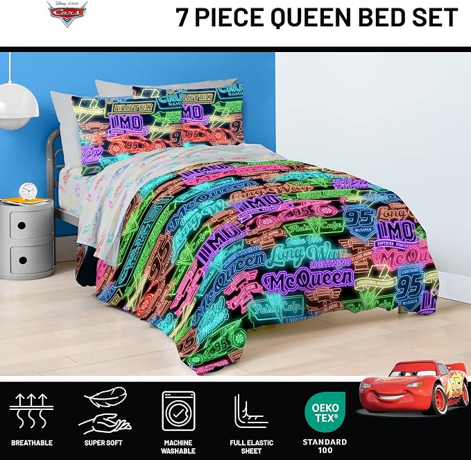 Disney Pixar Cars McQueen Queen Comforter Set 7 Piece Kids Bedding, Black | Neon Racecar, Bed in a Bag, Comforter Sheets Shams Pillowcases, Official Product, Microfiber, Machine Washable, Boys Gift