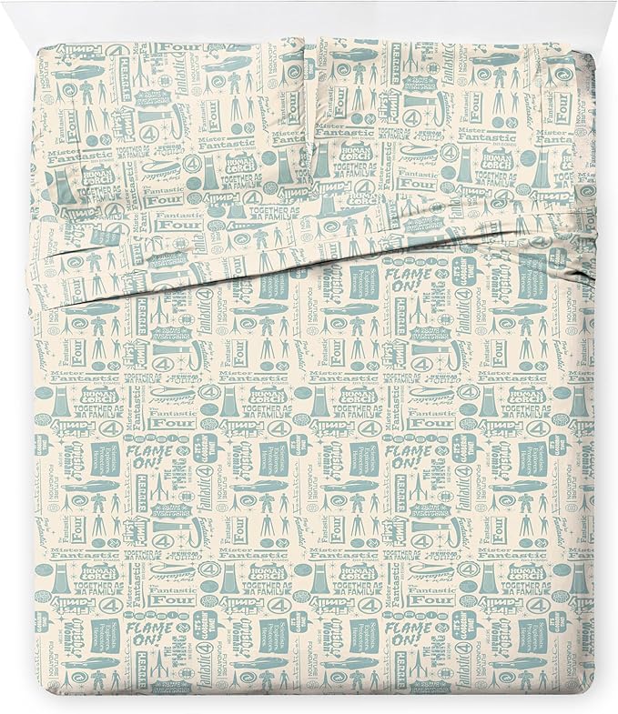Marvel Fantastic Four Full Size Comforter Set 7 Piece Bedding, Blue | Superhero, Bed in a Bag, Comforter Sheets Shams Pillowcases, Official Product, Soft Microfiber, Machine Washable, Kids Gift