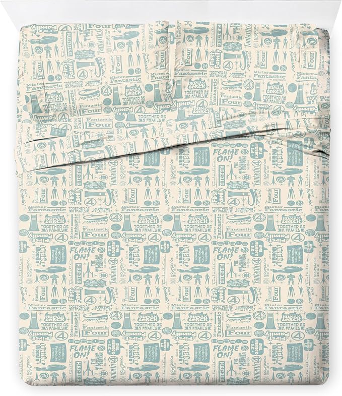 Marvel Fantastic Four Queen Comforter Set 7 Piece Superhero Bedding, Blue | Bed in a Bag, Comforter Sheets Shams Pillowcases, Official Product, Soft Microfiber, Machine Washable, Kids Gift