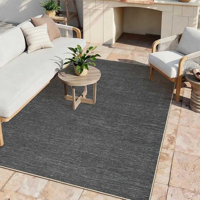 GarveeHome 9x12 Large Area Rug for Living Room Easy Jute Modern Rugs | Non Slip Low Pile Neutral Bordered Solid Tan Dining Room Rugs Washable Carpet for Bedroom Home Office Decor, Grey