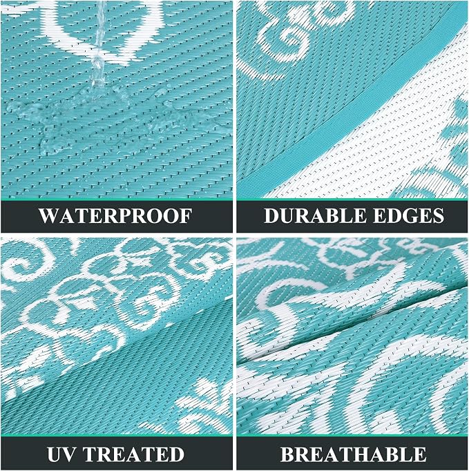 Pauwer Outdoor Rug 8ft, Waterproof Plastic Straw Camping Rug, Floral Teal | Reversible Patio Rug, UV Resistant Indoor Outdoor RV Mat Carpet For Deck, Camper, Porch, Balcony, Backyard, Picnic, Foldable
