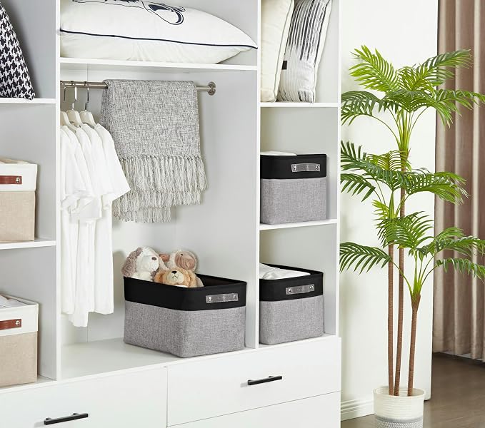 DECOMOMO Storage Bins, Large Fabric Storage Baskets for Shelves 4 Pack | 15 x 11 x 9.5 inches Decorative Linen Closet Organizers (Grey & Black)