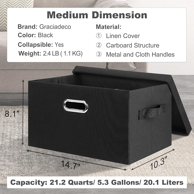 Graciadeco Medium 15" 21 Quart Collapsible Stackable Storage Bins with Lids, 1 Pack Black Foldable Fabric Closet Storage Boxes with Lids, 4 Handles Heavy-duty Linen Cube Baskets for Bedroom | 21 Quart 1 Pack Black Collapsible Stackable Linen Fabric 4 H...