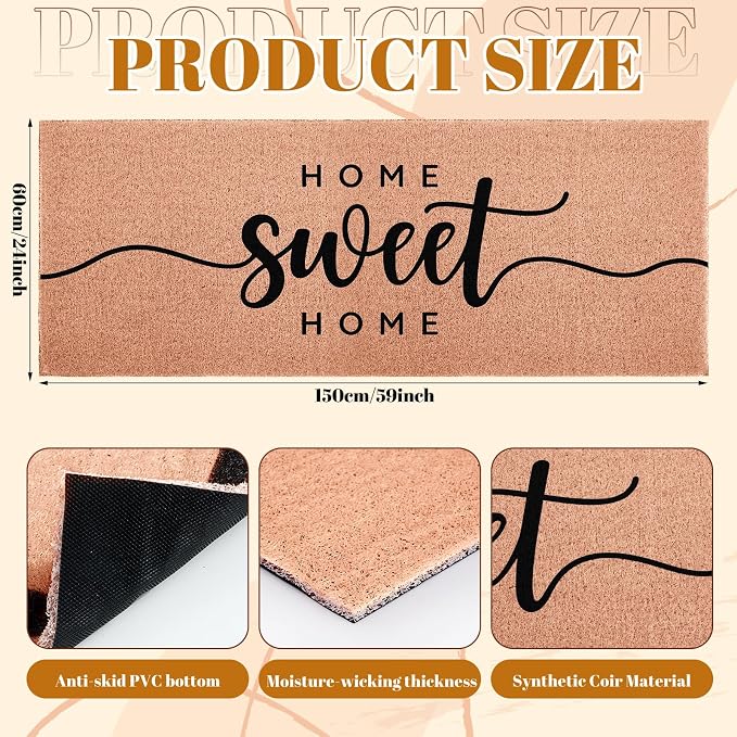 Home Sweet Home Long Doormat for Double Door Entrance, 24x59 Inch | Extra Large Heavy Duty Front Porch Rug with Non Slip PVC Backing, Oversized Decorative Mat for Indoor Outdoor Entryway