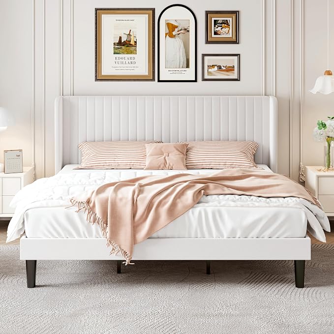 SHA CERLIN King Size Velvet Bed Frame, Tufted Wingback Headboard, White | 47'' Modern Vertical Channel Headboard, Upholstered Platform Bed, Wood Slats, No Box Spring Needed, Easy Assembly, Noise Free