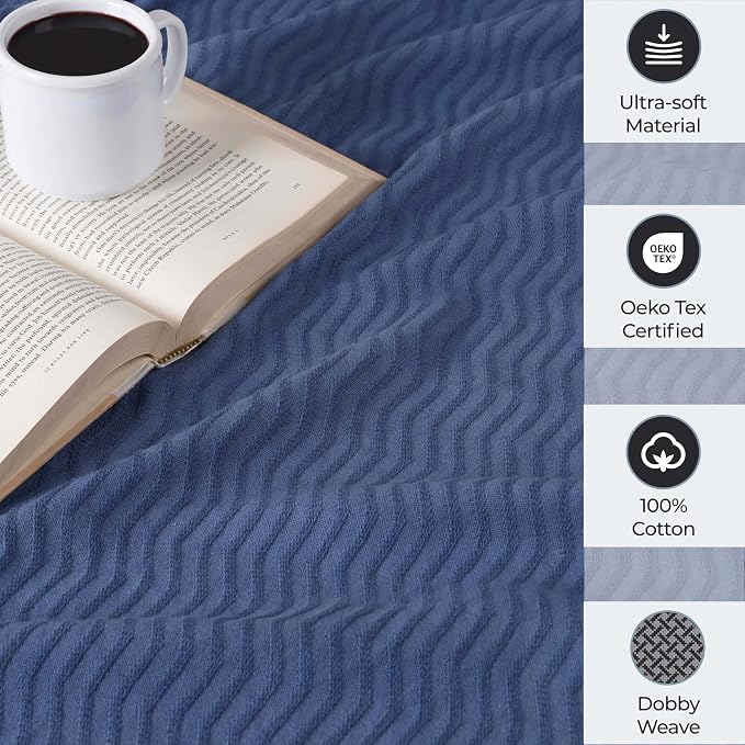 Superior JENA Cotton Blanket, for Picnic, Beach, Traveling or Camping, Bedroom Decor, Essentials, Cover for Bed, Couch, Lounging, Textured Jacquard, Modern Chevron Woven Blanket, Throw, Merritt Blue