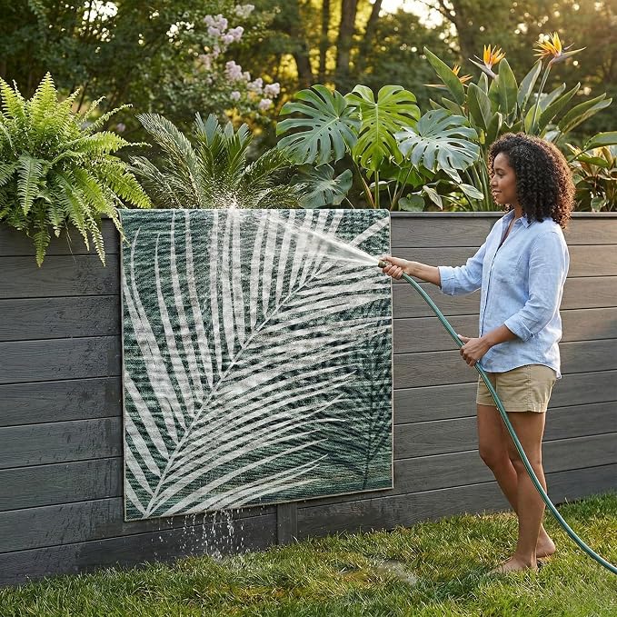 ReaLife Rugs Machine Washable Indoor Outdoor - Mat Rug Foldable Printed Thin Lightweight Cushioned Fade Resistant Patio Deck Dock Porch Pool Balcony Camping - Palm - Green Tan 4' x 6'